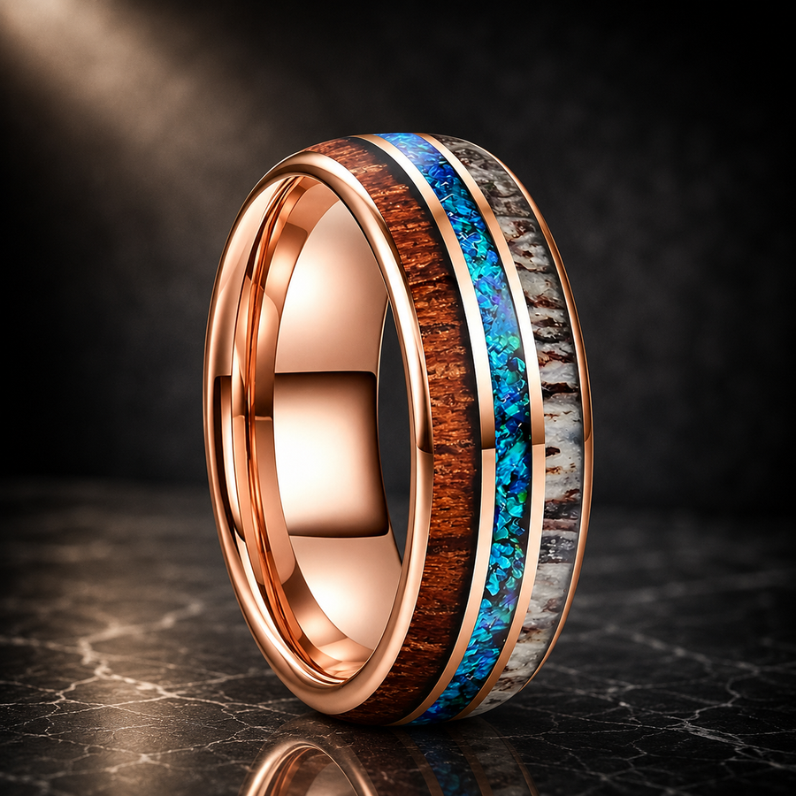 The Foresthorn - Opal Antler and Redwood Tungsten Ring