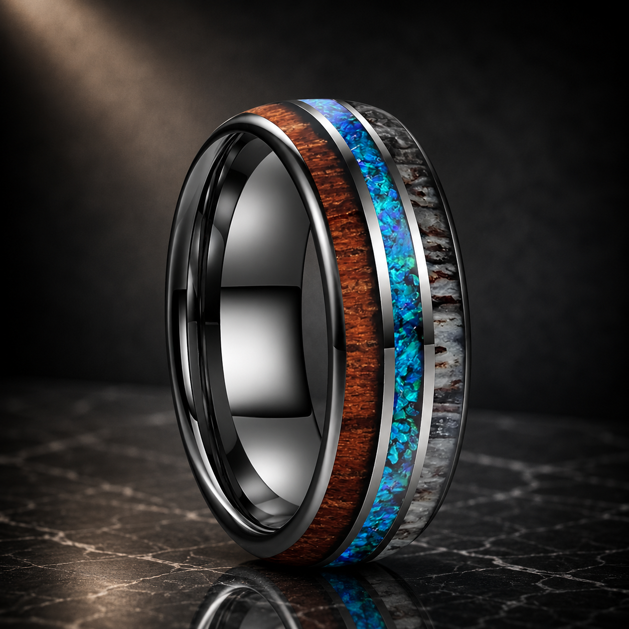 The Foresthorn - Opal Antler and Redwood Tungsten Ring - rings