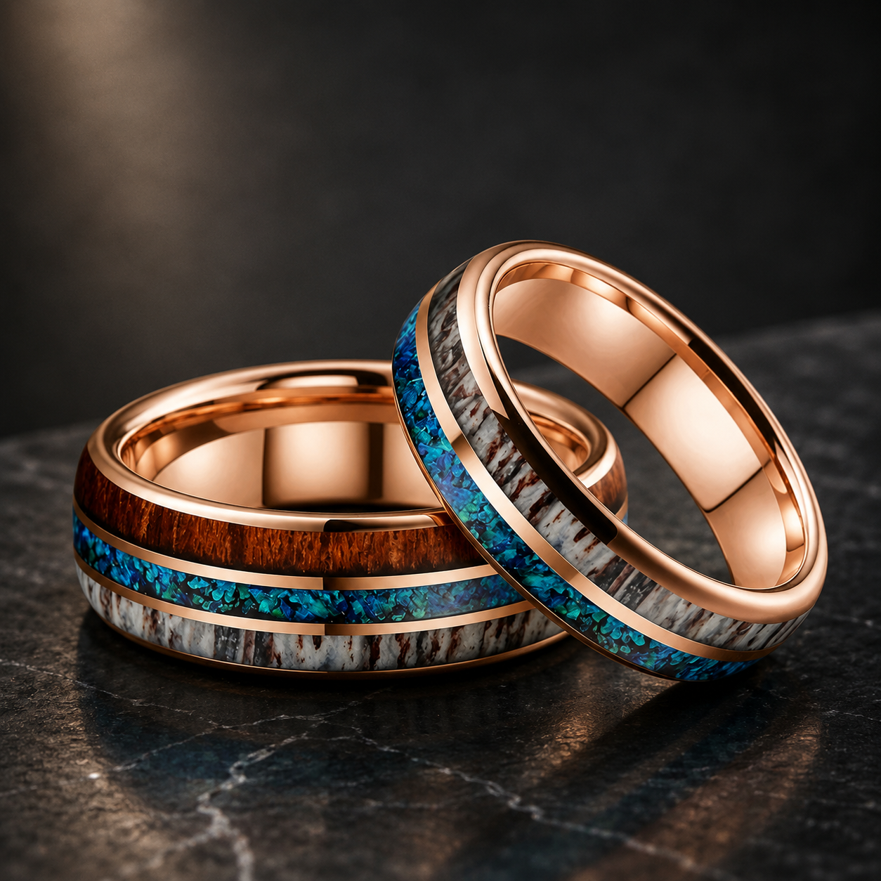 The Foresthorn - Opal Antler and Redwood Tungsten Ring - rings
