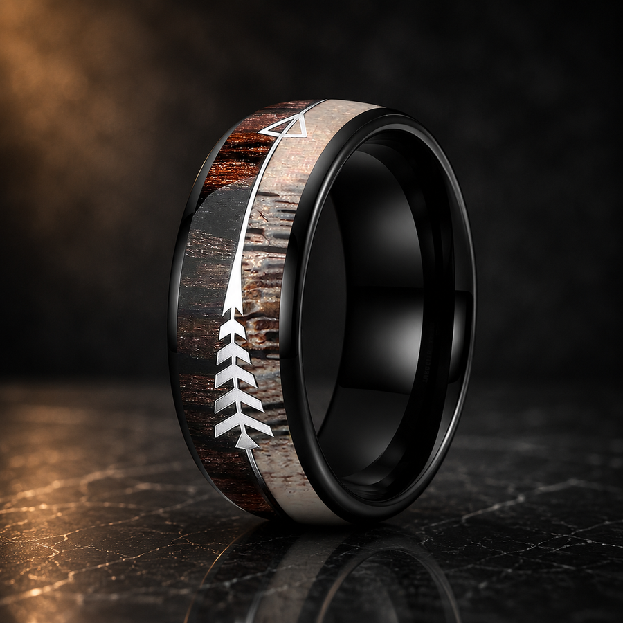 The Grovehorn - Koa Zebrawood and Antler Tungsten Ring