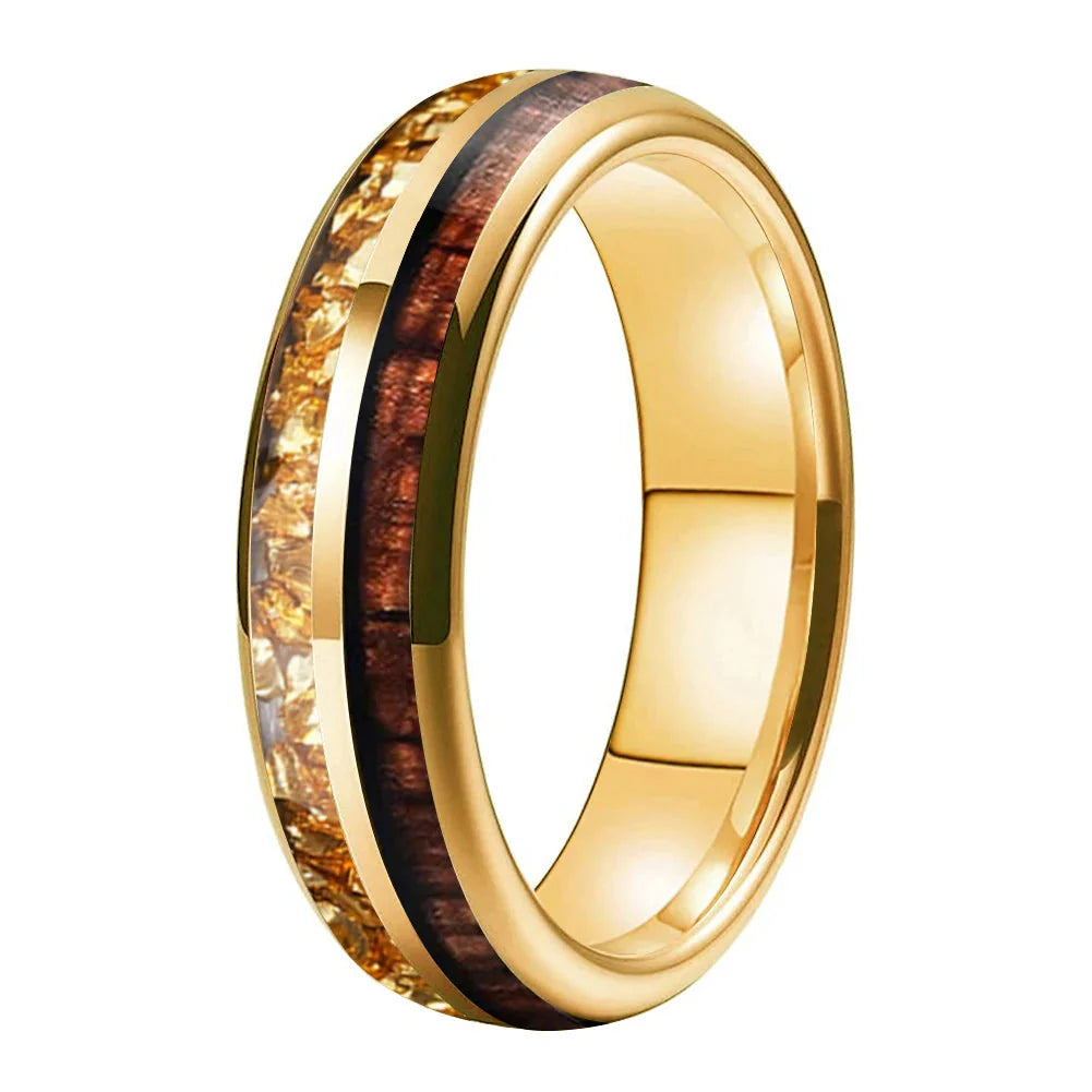 The Honeycrystal - Koa Wood and Gold Crystal Tungsten Ring - Gold 6mm / 12 - rings