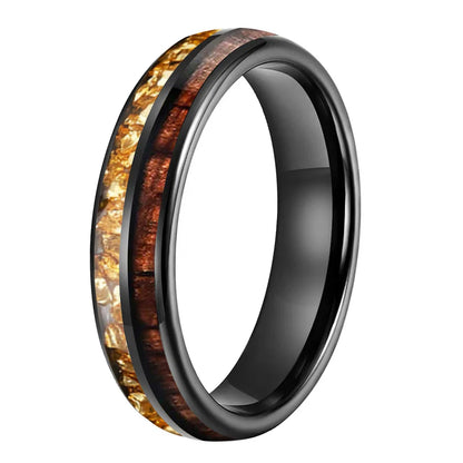 The Honeycrystal - Koa Wood and Gold Crystal Tungsten Ring - Black 6mm / 12.5 - rings