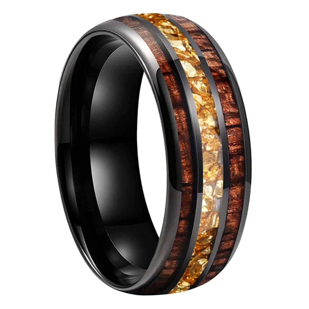 The Honeycrystal - Koa Wood and Gold Crystal Tungsten Ring - Black 8mm / 5 - rings