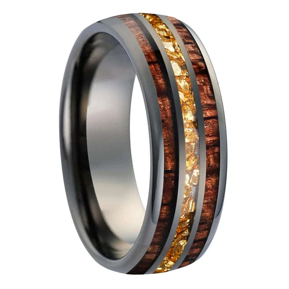 The Honeycrystal - Koa Wood and Gold Crystal Tungsten Ring - Gunmetal 8mm / 5 - rings