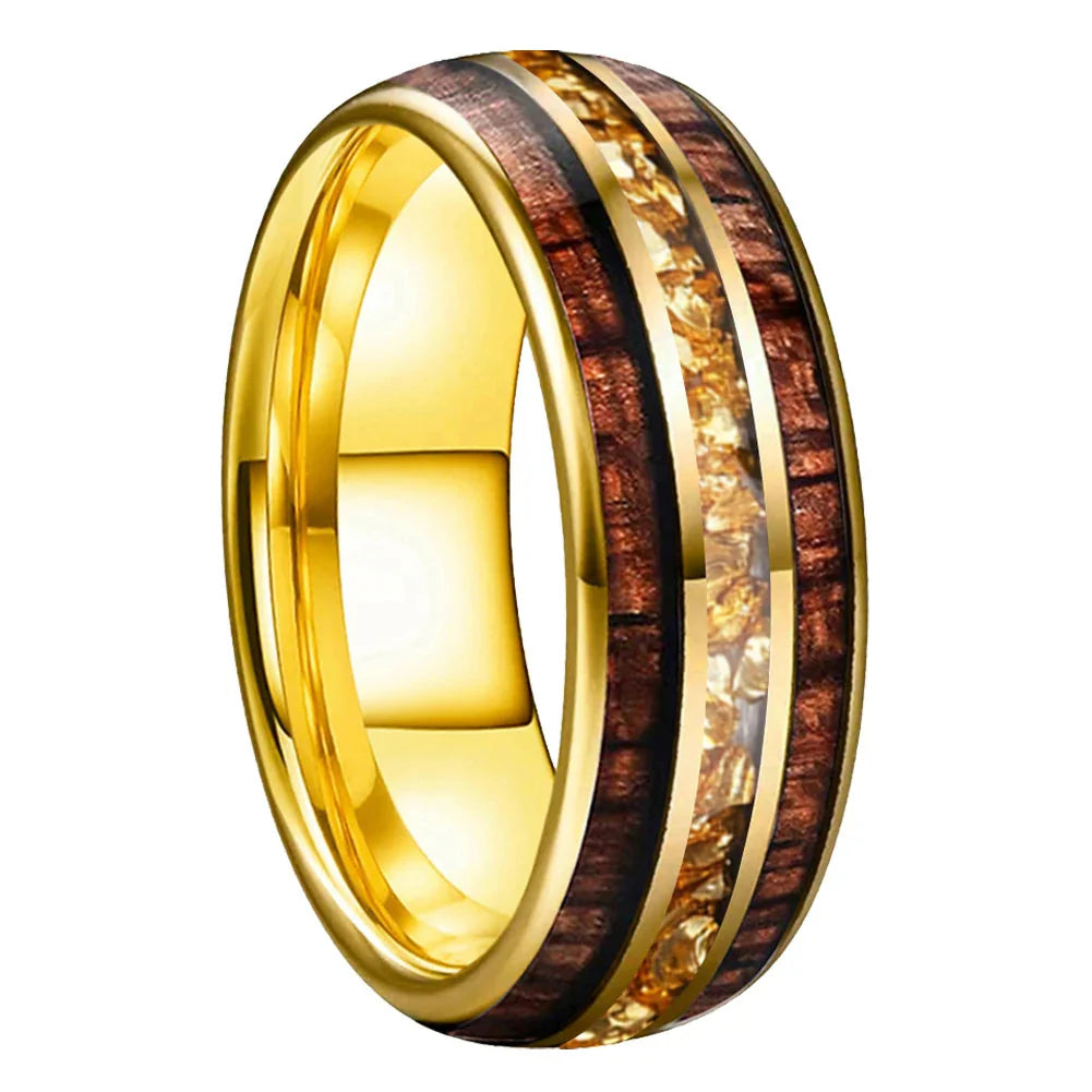 The Honeycrystal - Koa Wood and Gold Crystal Tungsten Ring - rings