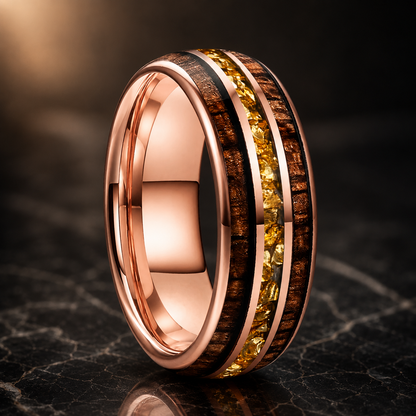 The Honeycrystal - Koa Wood and Gold Crystal Tungsten Ring - Rose Gold 8mm / 11.5 - rings
