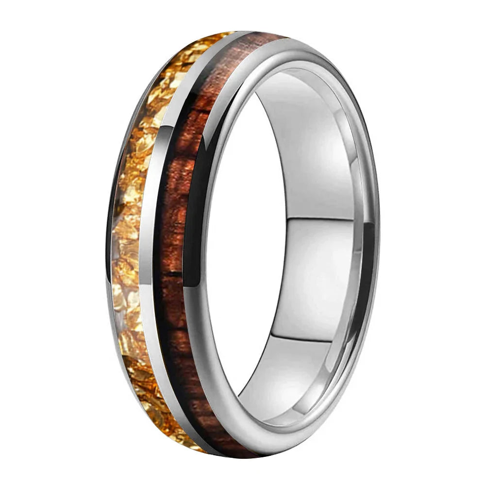 The Honeycrystal - Koa Wood and Gold Crystal Tungsten Ring - Silver 6mm / 11 - rings