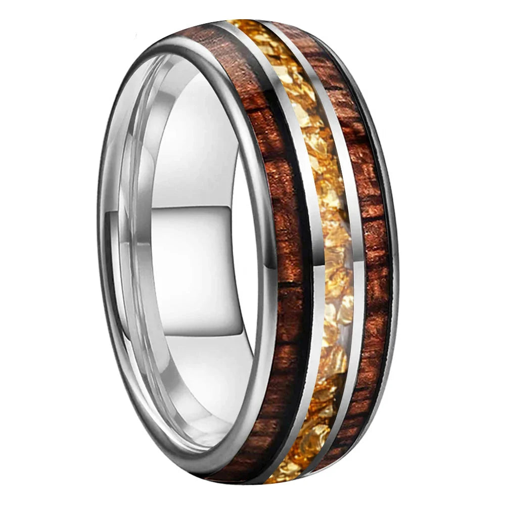 The Honeycrystal - Koa Wood and Gold Crystal Tungsten Ring - Silver 8mm / 5 - rings