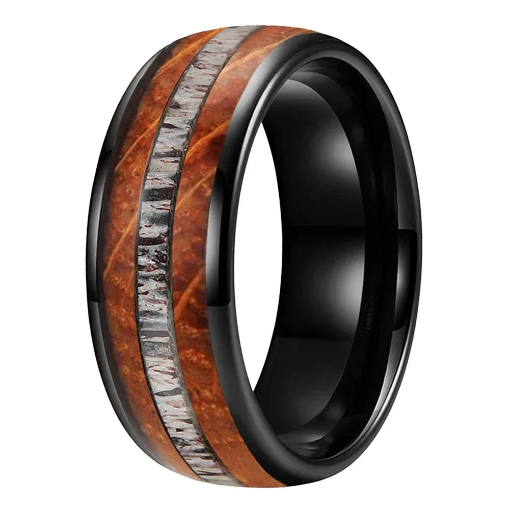 The Hornbarrel | Whiskey Oak and Deer Antler Tungsten Ring - Black / 8MM / 15 - rings