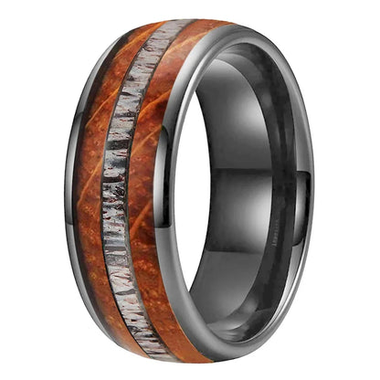 The Hornbarrel | Whiskey Oak and Deer Antler Tungsten Ring - Gunmetal / 8MM / 15 - rings