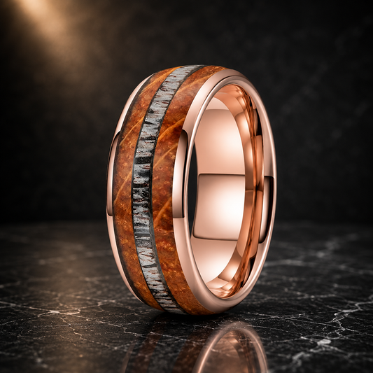 The Hornbarrel | Whiskey Oak and Deer Antler Tungsten Ring - Rose Gold / 8MM / 15 - rings