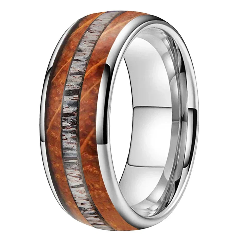 The Hornbarrel | Whiskey Oak and Deer Antler Tungsten Ring - Silver / 8MM / 15 - rings