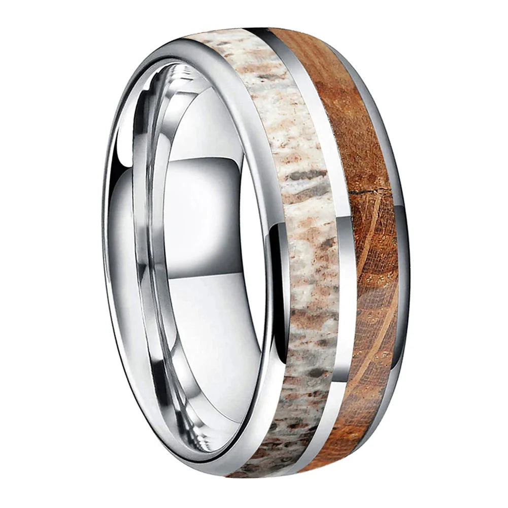 The Hunters Cask - Whiskey Wood and Antler Tungsten Ring