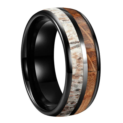 The Hunters Cask - Whiskey Wood and Antler Tungsten Ring - Black / 8mm / 12