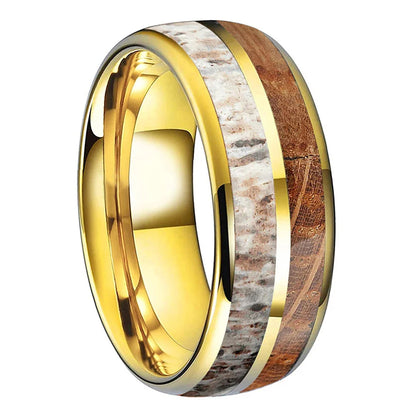 The Hunters Cask - Whiskey Wood and Antler Tungsten Ring - Gold / 8mm / 12