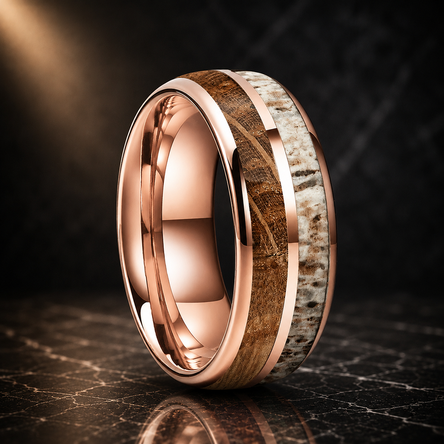 The Hunters Cask - Whiskey Wood and Antler Tungsten Ring