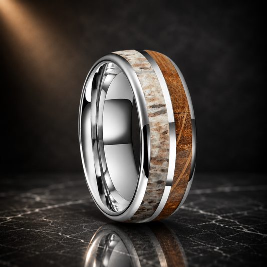 The Hunters Cask - Whiskey Wood and Antler Tungsten Ring - Silver / 8mm / 12
