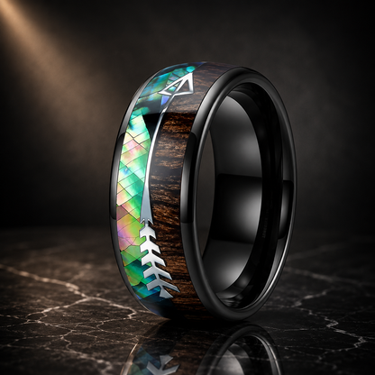 The Huntsman Koa - Abalone and Koa Wood Arrow Tungsten Ring - Black / 8MM / 14 - rings