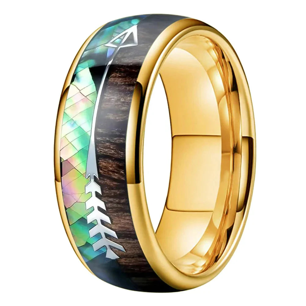 The Huntsman Koa - Abalone and Koa Wood Arrow Tungsten Ring - Gold / 8MM / 12.5 - rings