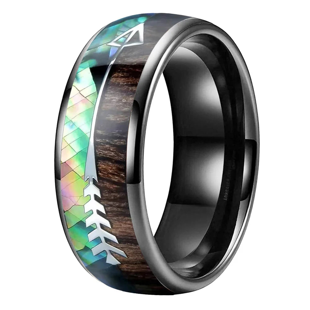 The Huntsman Koa - Abalone and Koa Wood Arrow Tungsten Ring - Gunmetal / 8MM / 15 - rings