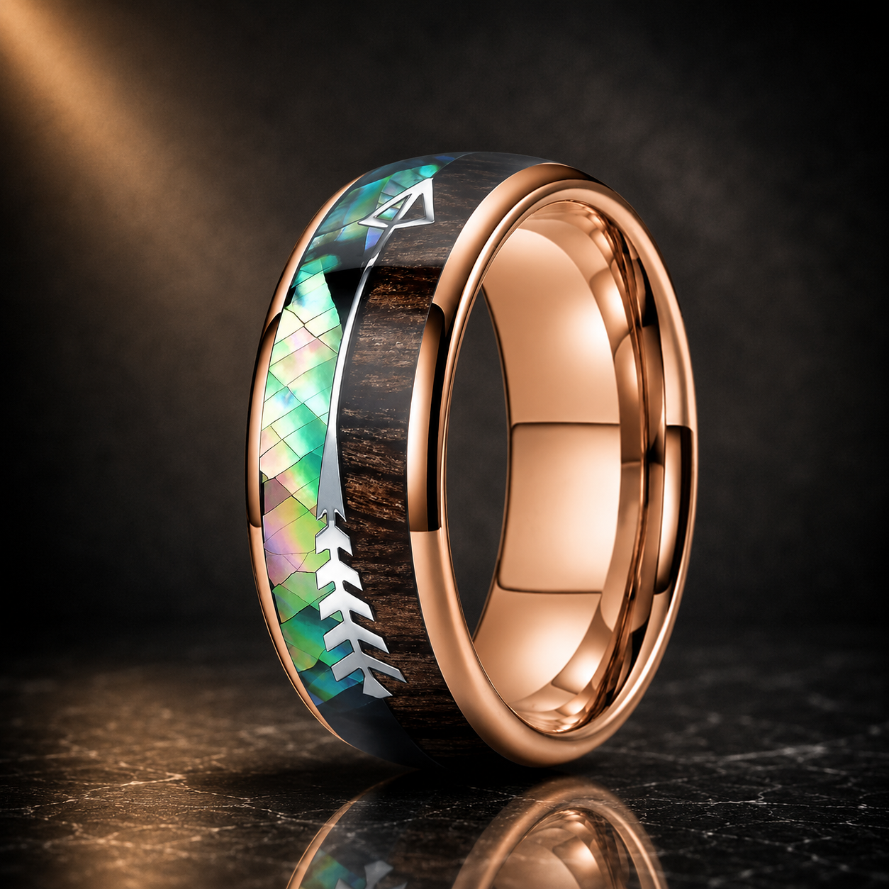 The Huntsman Koa - Abalone and Koa Wood Arrow Tungsten Ring - Rose Gold / 8MM / 15 - rings