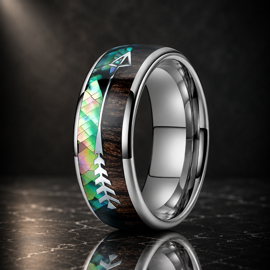 The Huntsman Koa - Abalone and Koa Wood Arrow Tungsten Ring - Silver / 8MM / 11 - rings