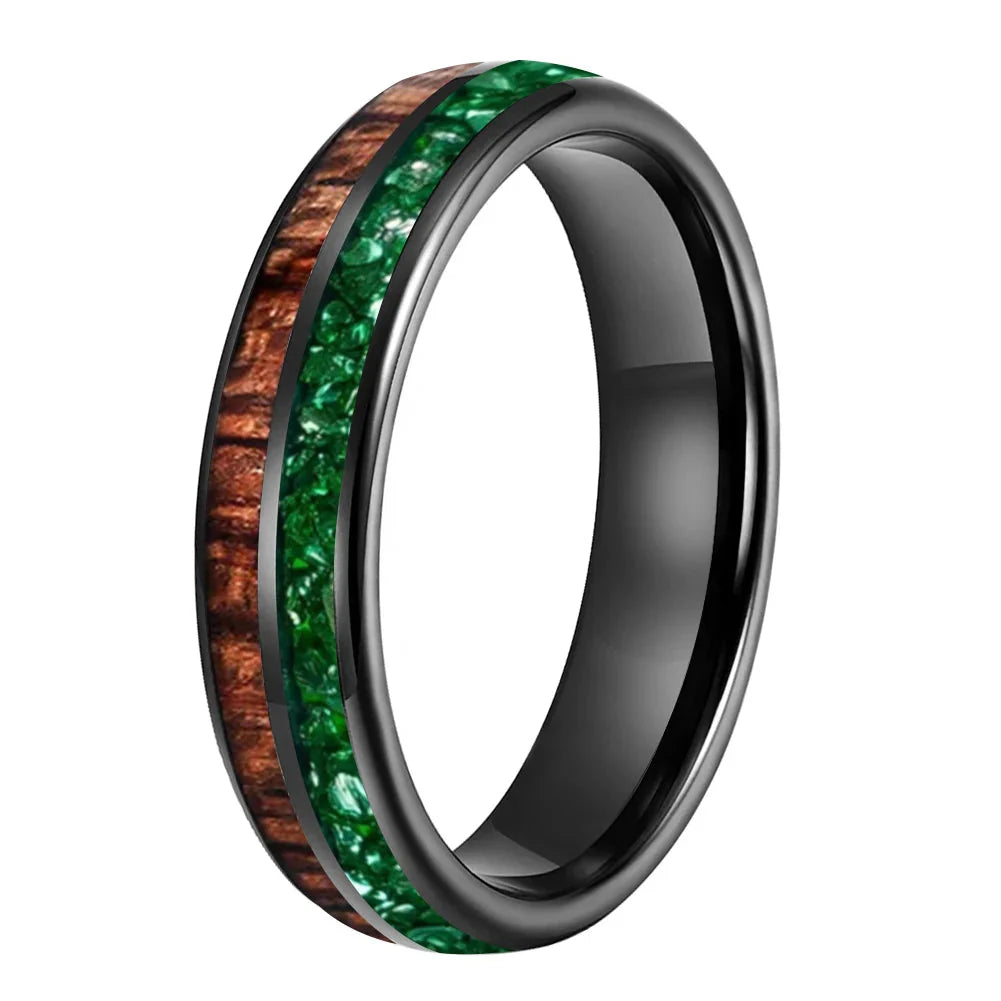 The Jade Koa - Koa Wood and Green Crystal Tungsten Ring - Black Color 6mm / 8 - rings