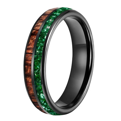 The Jade Koa - Koa Wood and Green Crystal Tungsten Ring - Black Color 6mm / 8 - rings