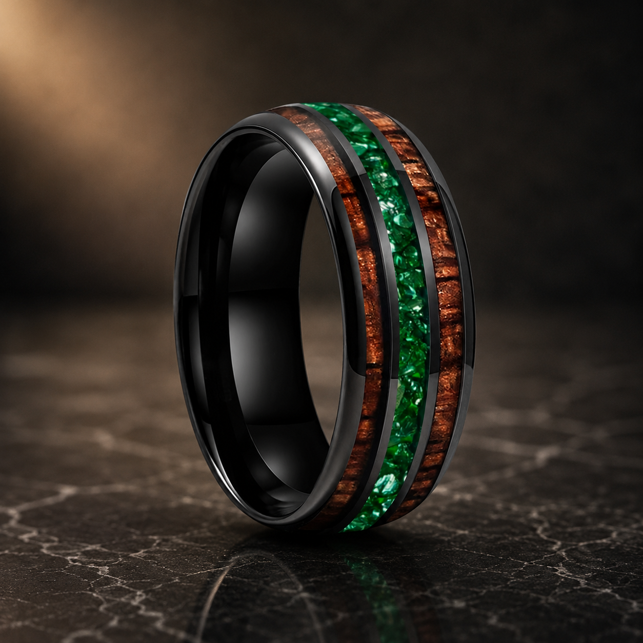 The Jade Koa - Koa Wood and Green Crystal Tungsten Ring - Black Color 8mm / 8 - rings