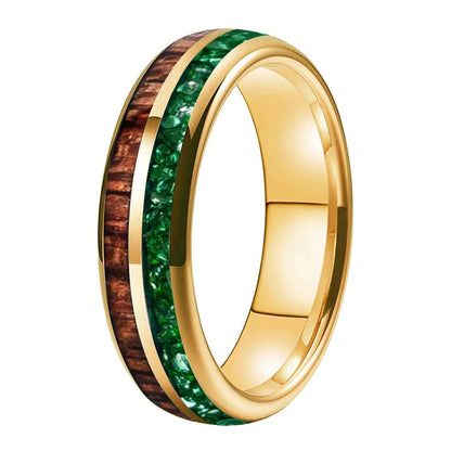 The Jade Koa - Koa Wood and Green Crystal Tungsten Ring - Gold Color 6mm / 8 - rings