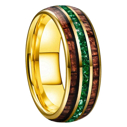 The Jade Koa - Koa Wood and Green Crystal Tungsten Ring - Gold Color 8mm / 8 - rings
