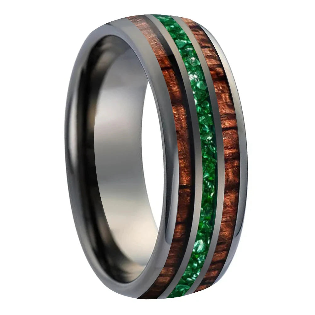 The Jade Koa - Koa Wood and Green Crystal Tungsten Ring - Gunmetal color 8mm / 8 - rings