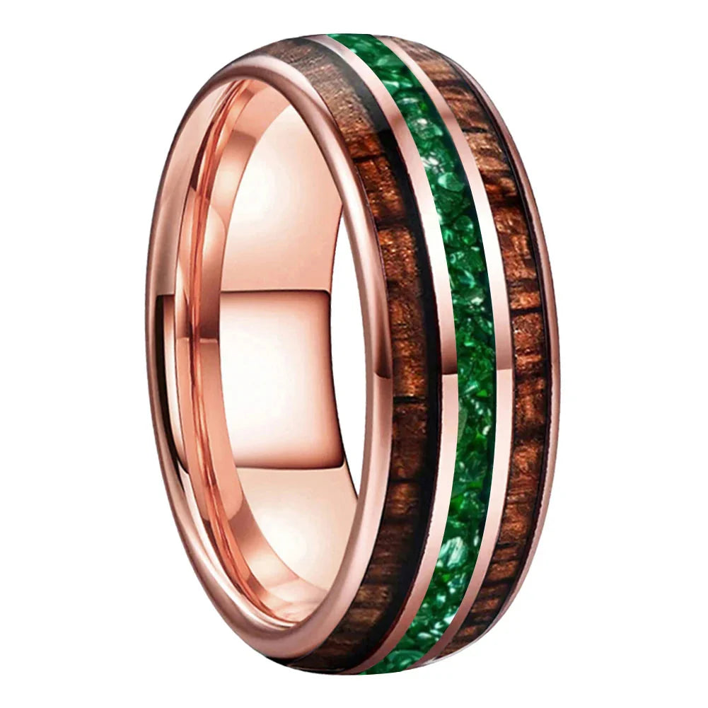 The Jade Koa - Koa Wood and Green Crystal Tungsten Ring - rings