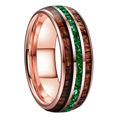 The Jade Koa - Koa Wood and Green Crystal Tungsten Ring - rings
