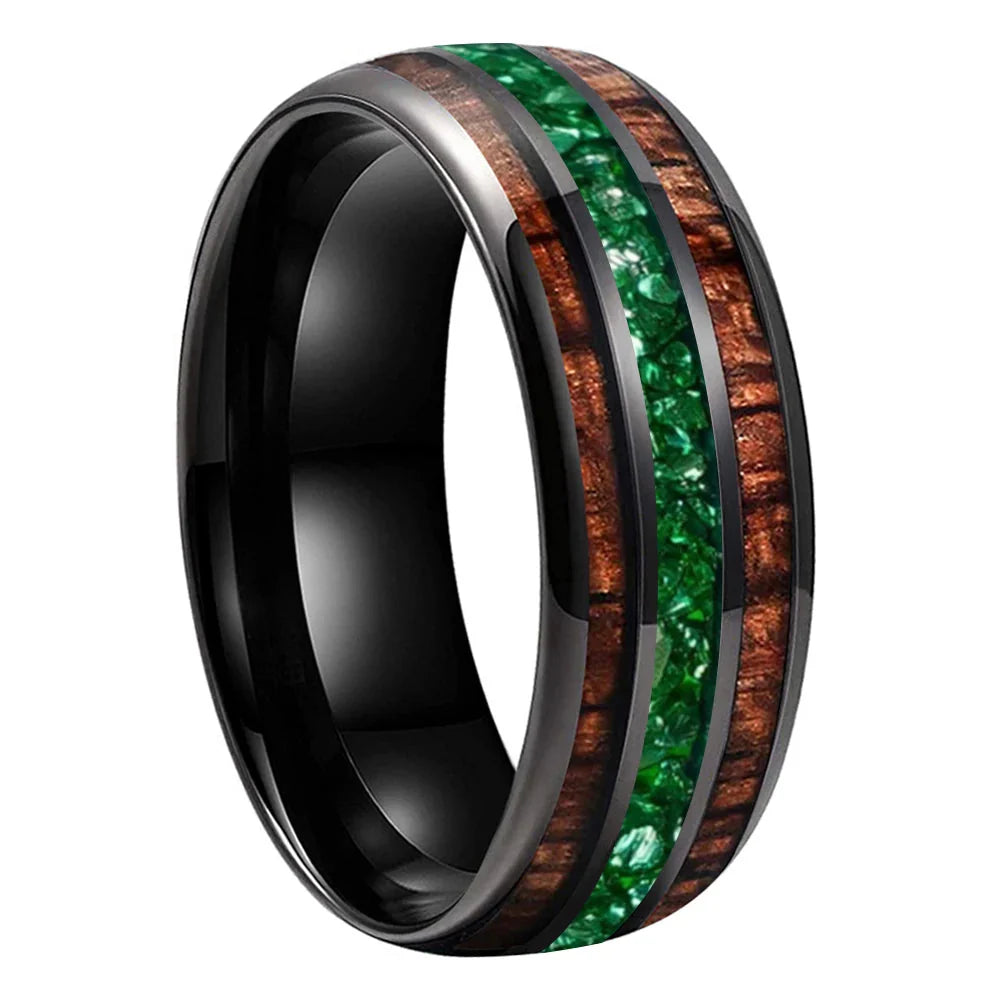 The Jade Koa - Koa Wood and Green Crystal Tungsten Ring - rings