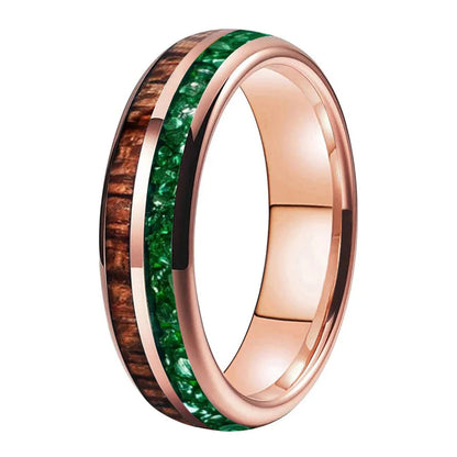 The Jade Koa - Koa Wood and Green Crystal Tungsten Ring - Rose Gold Color 6mm / 8 - rings