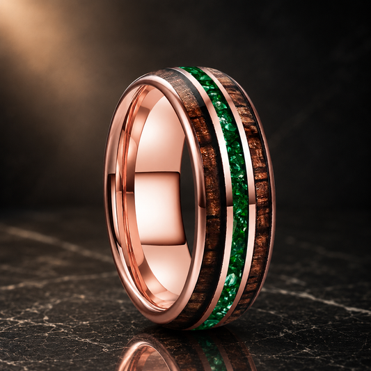 The Jade Koa - Koa Wood and Green Crystal Tungsten Ring - Rose Gold Color 8mm / 8 - rings