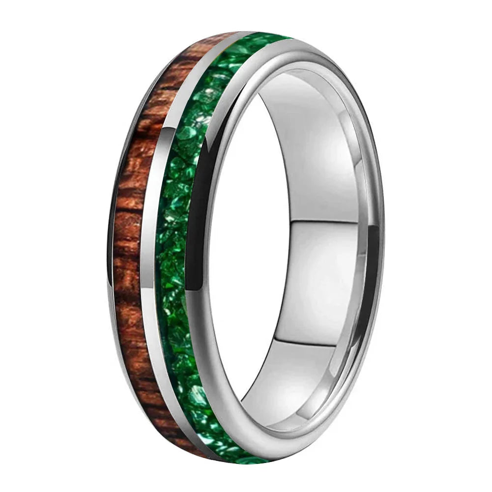 The Jade Koa - Koa Wood and Green Crystal Tungsten Ring - Silver Color 6mm / 8 - rings