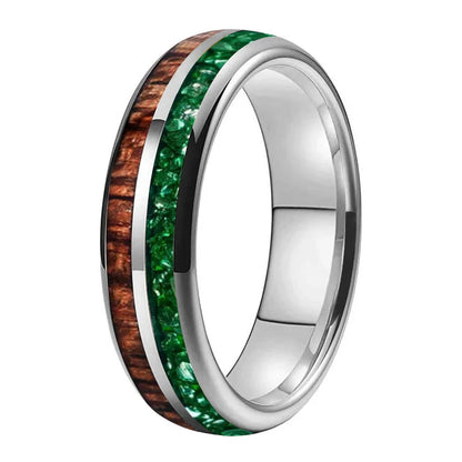 The Jade Koa - Koa Wood and Green Crystal Tungsten Ring - Silver Color 6mm / 8 - rings