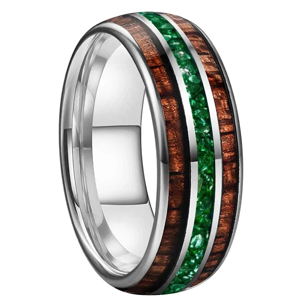 The Jade Koa - Koa Wood and Green Crystal Tungsten Ring - Silver Color 8mm / 8 - rings
