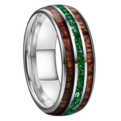 The Jade Koa - Koa Wood and Green Crystal Tungsten Ring - Silver Color 8mm / 8 - rings