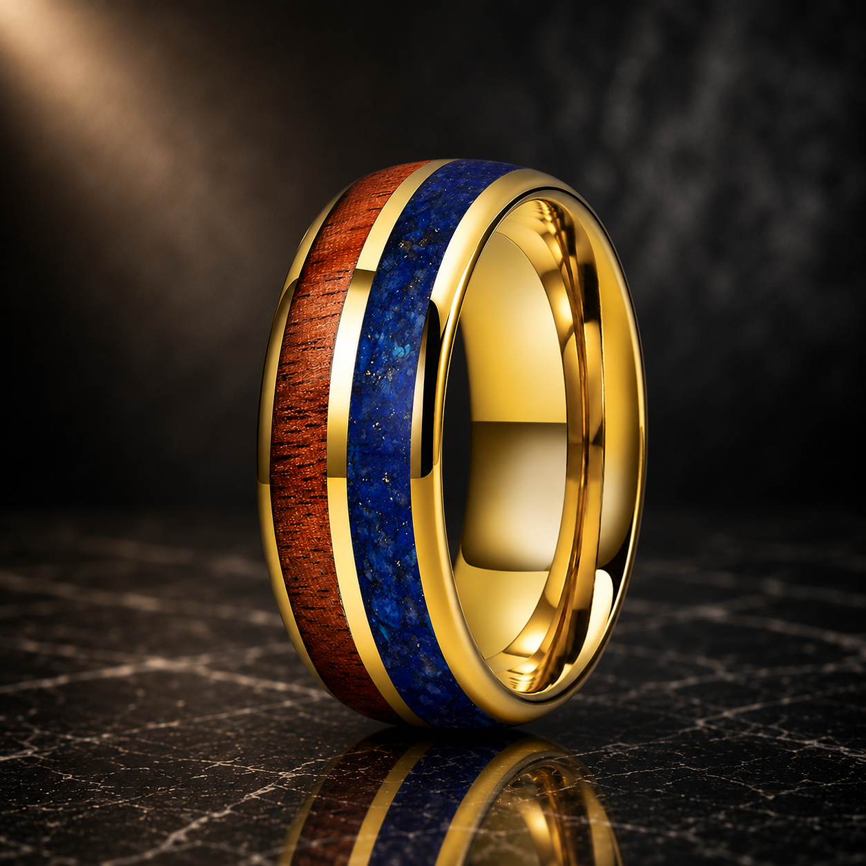 The Lapiswood, Blue Lapis and Koa Wood Tungsten Ring - Gold Color 8mm / Width 8mm / 6.5 - rings