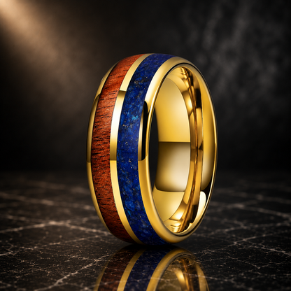 The Lapiswood, Blue Lapis and Koa Wood Tungsten Ring - Gold Color 8mm / Width 8mm / 6.5 - rings