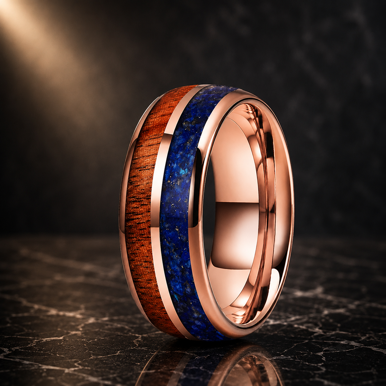 The Lapiswood, Blue Lapis and Koa Wood Tungsten Ring - Rose Gold 8mm / Width 8mm / 6.5 - rings