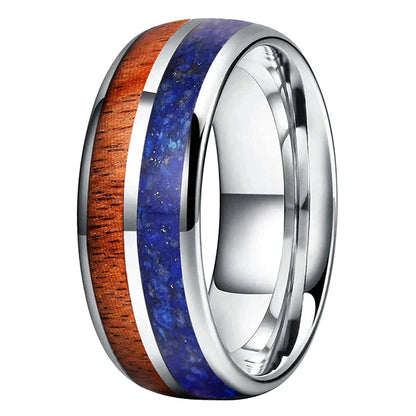The Lapiswood, Blue Lapis and Koa Wood Tungsten Ring - Silver Color 8mm / Width 8mm / 6.5 - rings