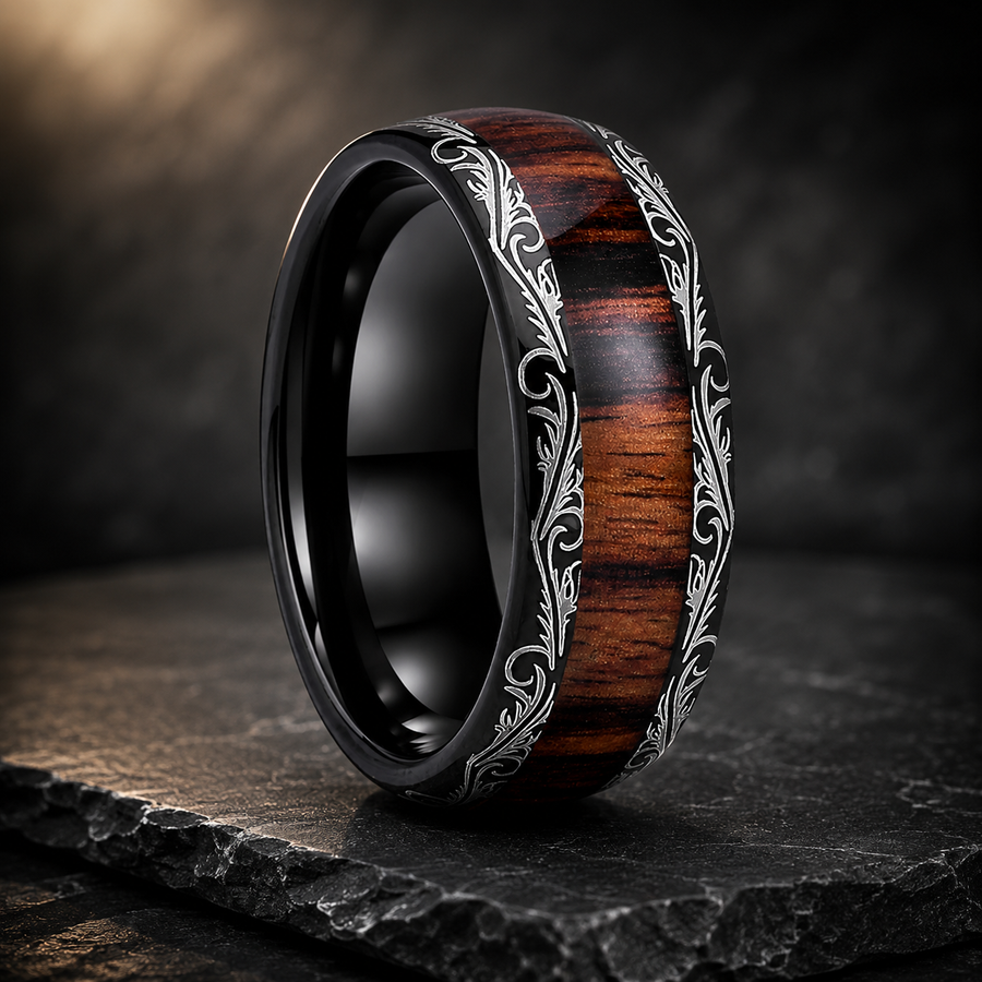 The Leafvein - Koa and Dark Red Wood Tungsten Ring