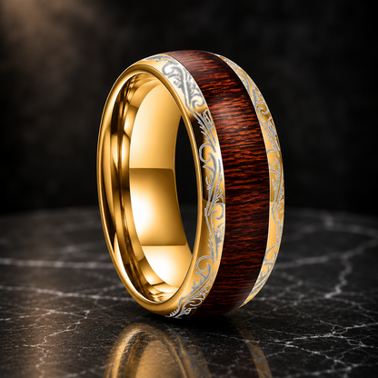 The Leafvein - Koa and Dark Red Wood Tungsten Ring - Engraving Gold / 8MM / 13 - rings