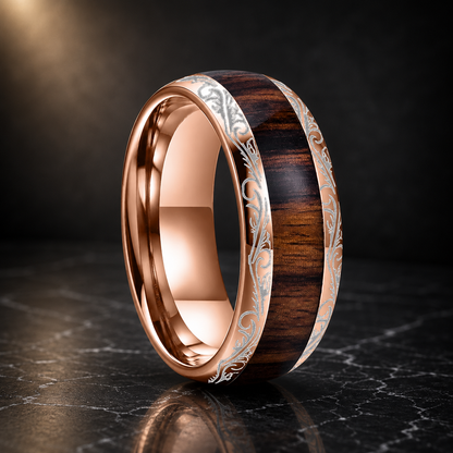 The Leafvein - Koa and Dark Red Wood Tungsten Ring - Engraving Rose Gold / 8MM / 6 - rings