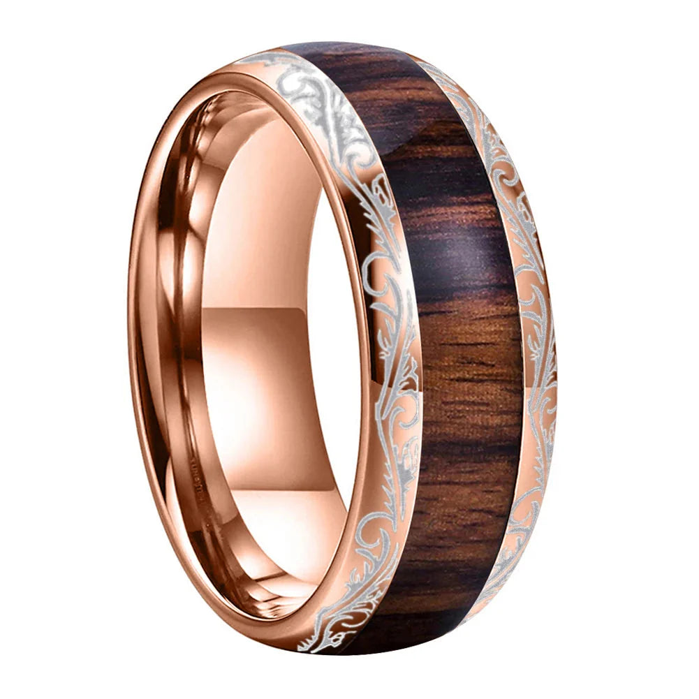 The Leafvein - Koa and Dark Red Wood Tungsten Ring - rings