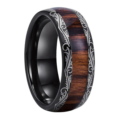 The Leafvein - Koa and Dark Red Wood Tungsten Ring - rings